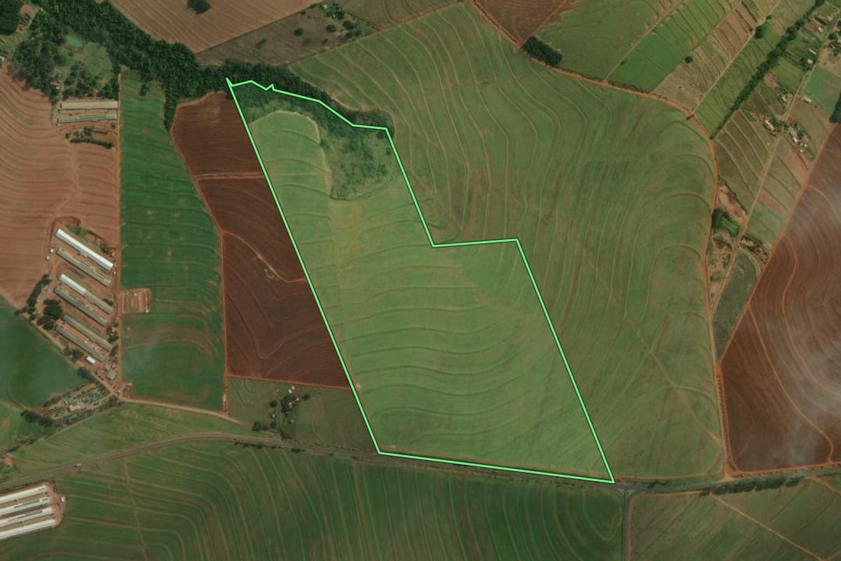Imagem de satélite do imóvel rural em Presidente Castelo Branco (PR), com o contorno declarado no CAR desenhado por cima.