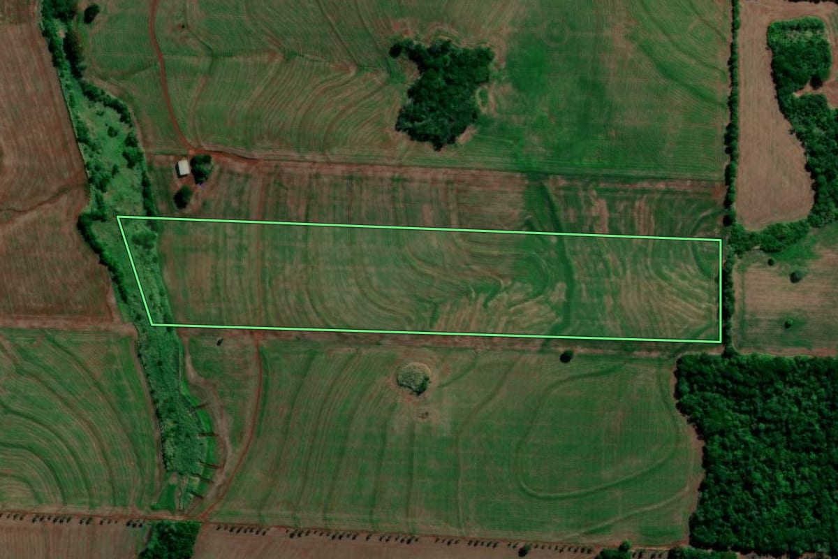 Imagem de satélite do imóvel rural em Primeiro de Maio (PR), com o contorno declarado no CAR desenhado por cima.