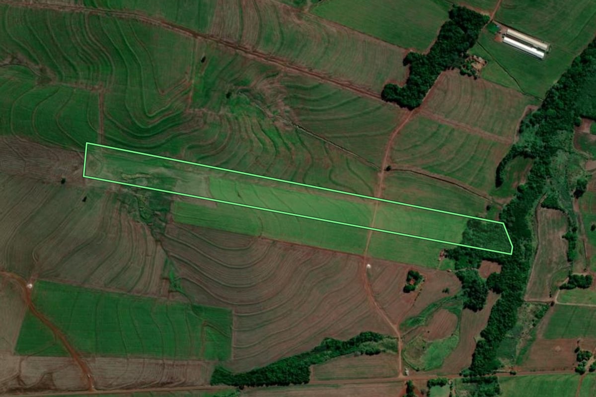 Imagem de satélite do imóvel rural em Primeiro de Maio (PR), com o contorno declarado no CAR desenhado por cima.
