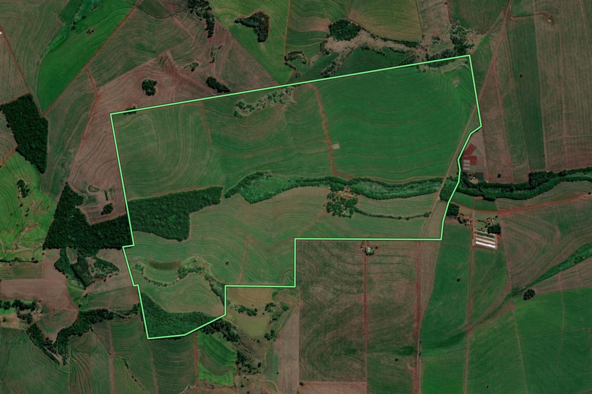 Imagem de satélite do imóvel rural em Primeiro de Maio (PR), com o contorno declarado no CAR desenhado por cima.