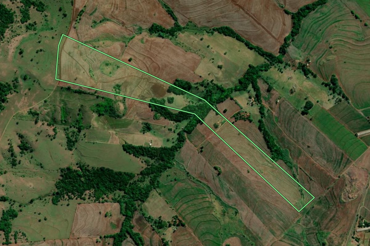Imagem de satélite do imóvel rural em Primeiro de Maio (PR), com o contorno declarado no CAR desenhado por cima.