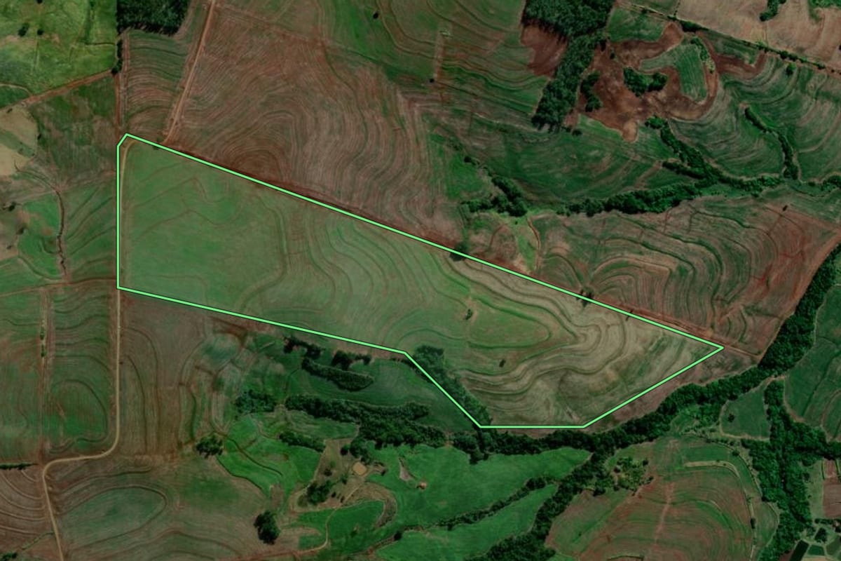 Imagem de satélite do imóvel rural em Primeiro de Maio (PR), com o contorno declarado no CAR desenhado por cima.