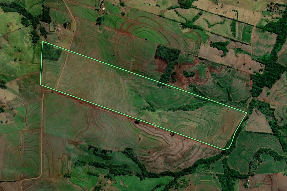 Imagem de satélite do imóvel rural em Primeiro de Maio (PR), com o contorno declarado no CAR desenhado por cima.