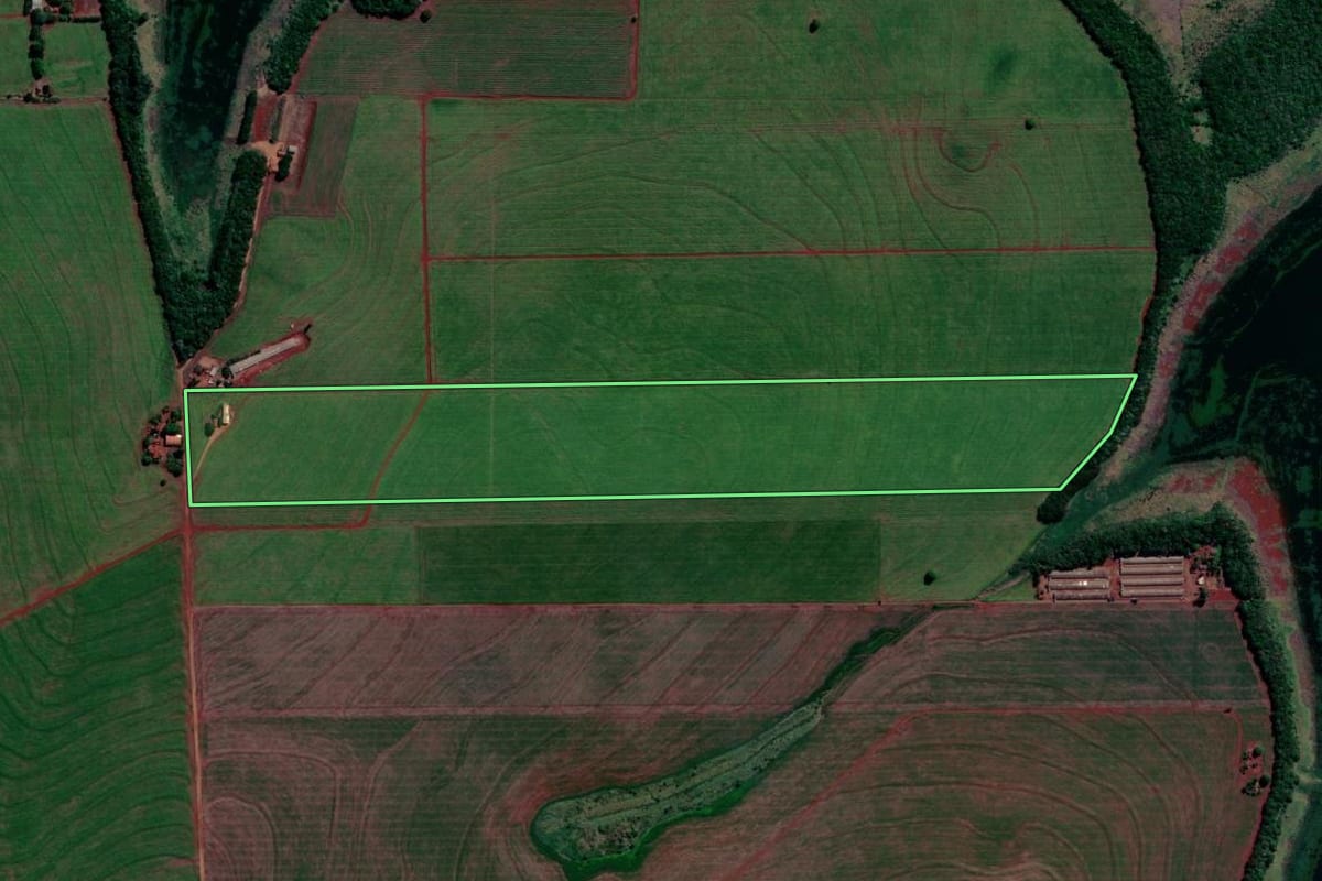 Imagem de satélite do imóvel rural em Primeiro de Maio (PR), com o contorno declarado no CAR desenhado por cima.