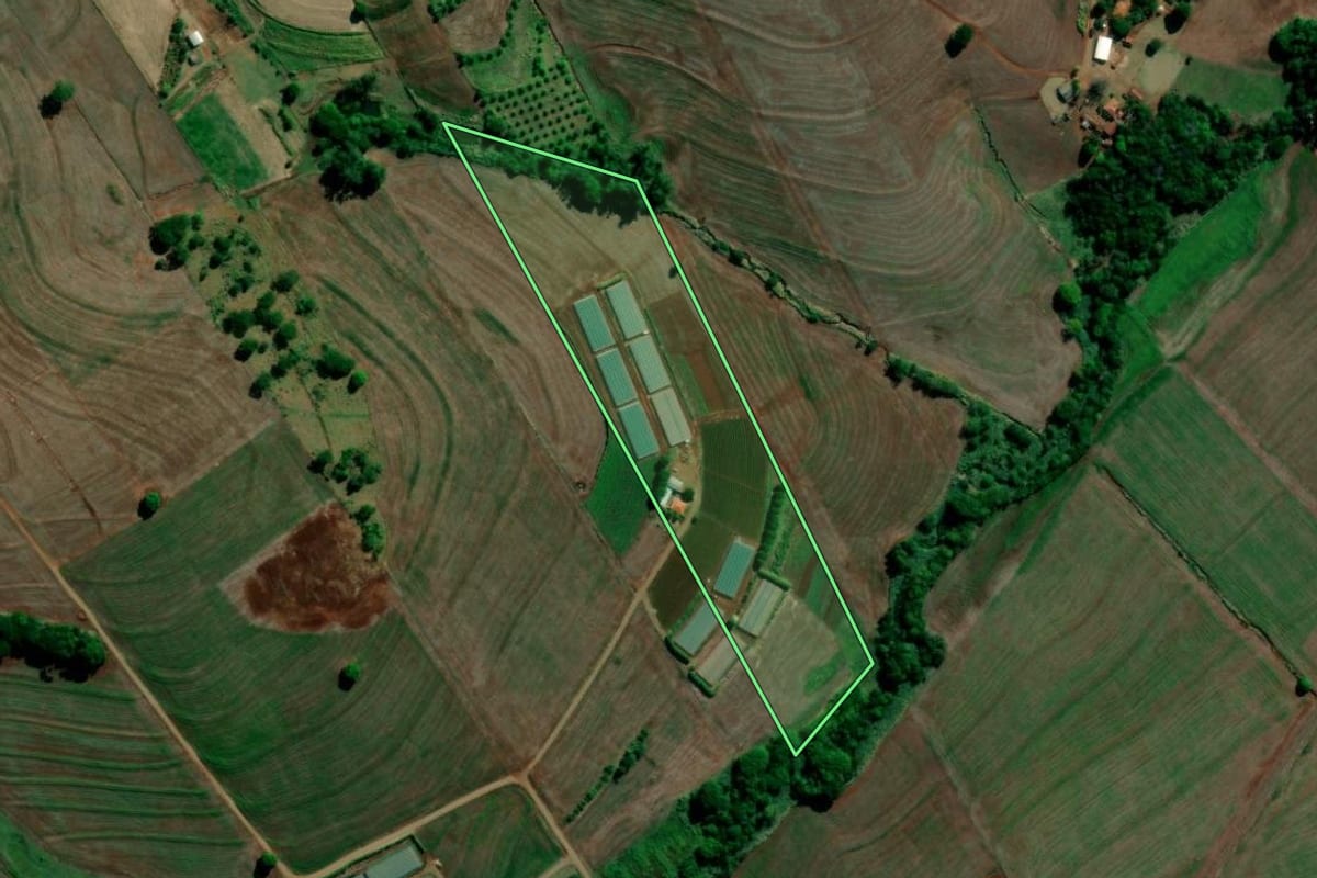 Imagem de satélite do imóvel rural em Primeiro de Maio (PR), com o contorno declarado no CAR desenhado por cima.