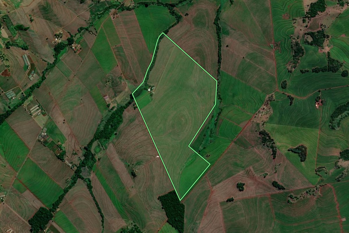 Imagem de satélite do imóvel rural em Primeiro de Maio (PR), com o contorno declarado no CAR desenhado por cima.