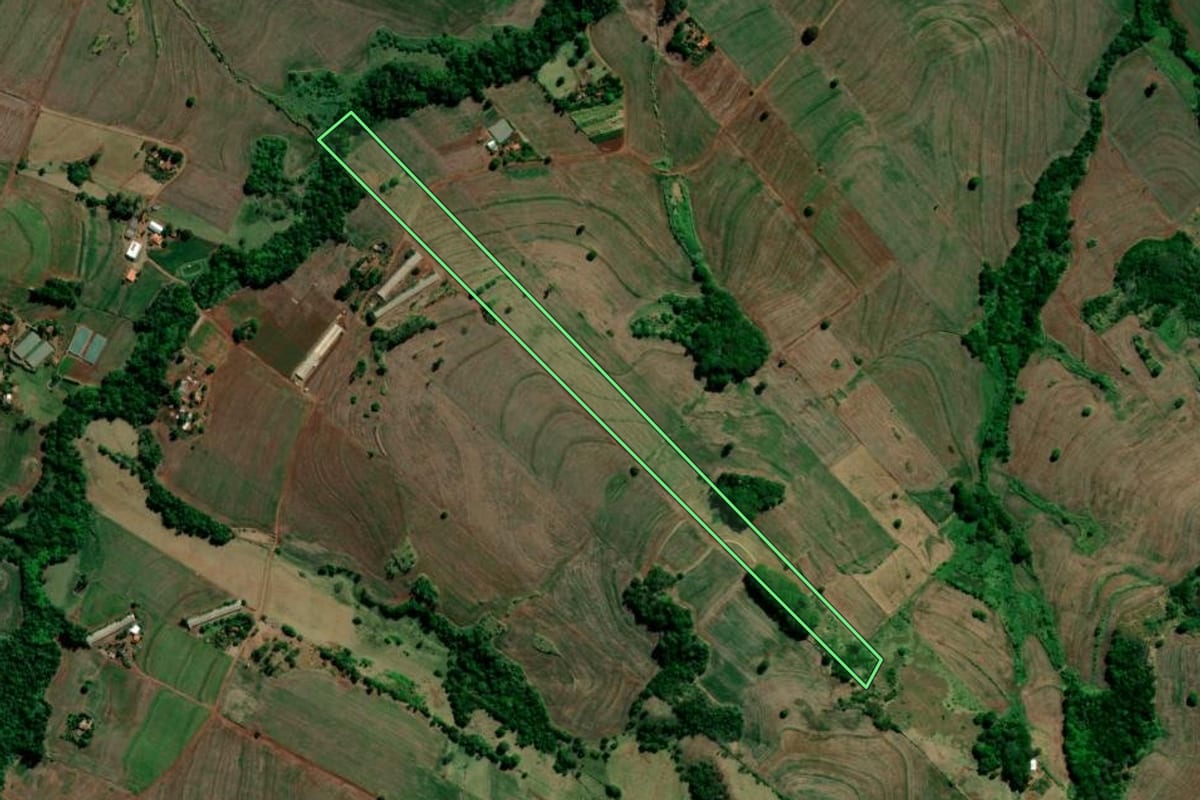 Imagem de satélite do imóvel rural em Primeiro de Maio (PR), com o contorno declarado no CAR desenhado por cima.
