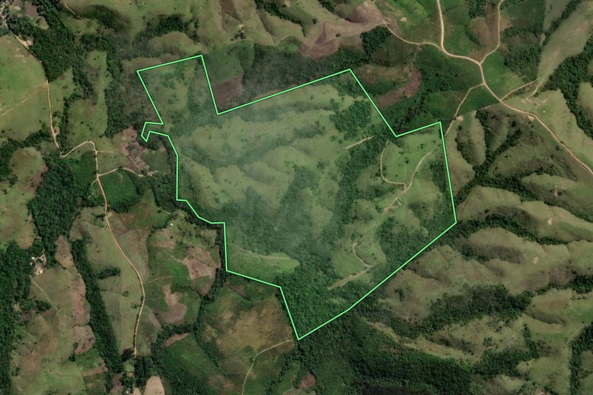 Imagem de satélite do imóvel rural em Prudentópolis (PR), com o contorno declarado no CAR desenhado por cima.