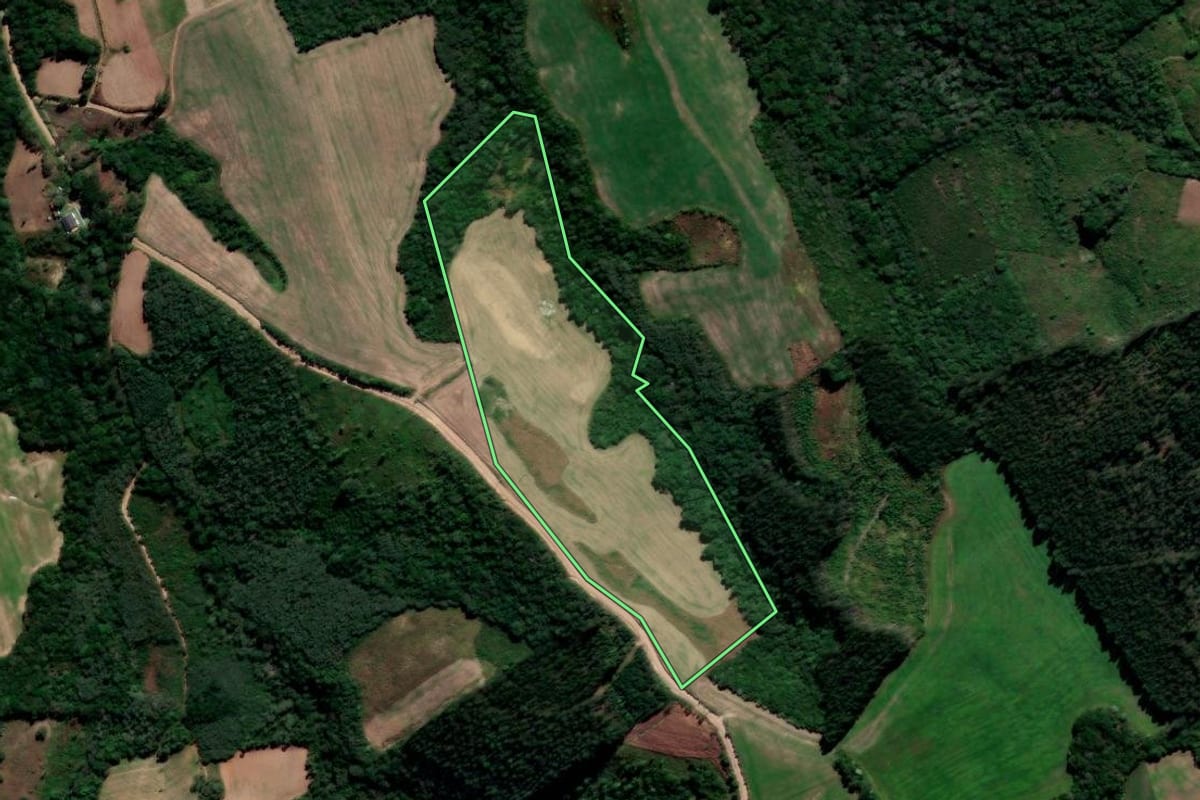 Imagem de satélite do imóvel rural em Prudentópolis (PR), com o contorno declarado no CAR desenhado por cima.