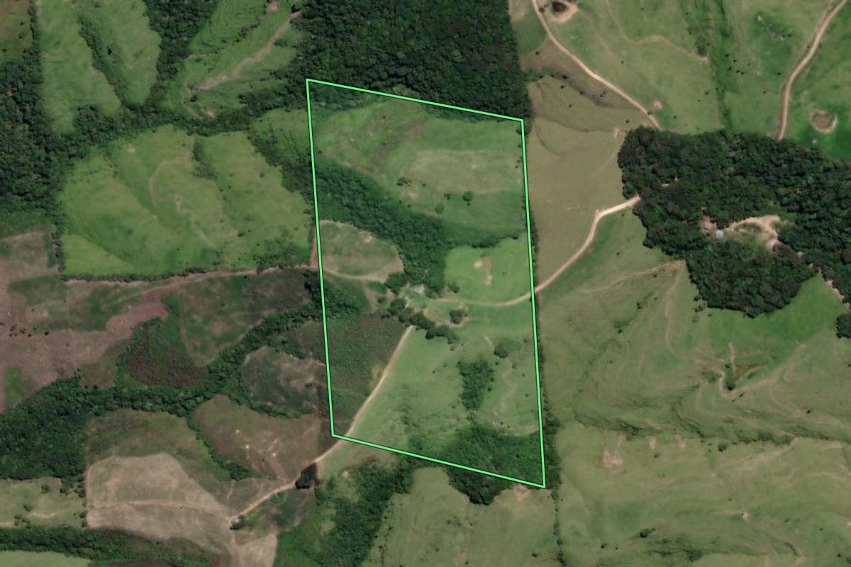 Imagem de satélite do imóvel rural em Prudentópolis (PR), com o contorno declarado no CAR desenhado por cima.