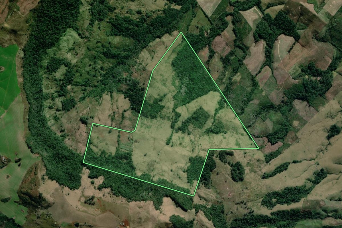 Imagem de satélite do imóvel rural em Prudentópolis (PR), com o contorno declarado no CAR desenhado por cima.