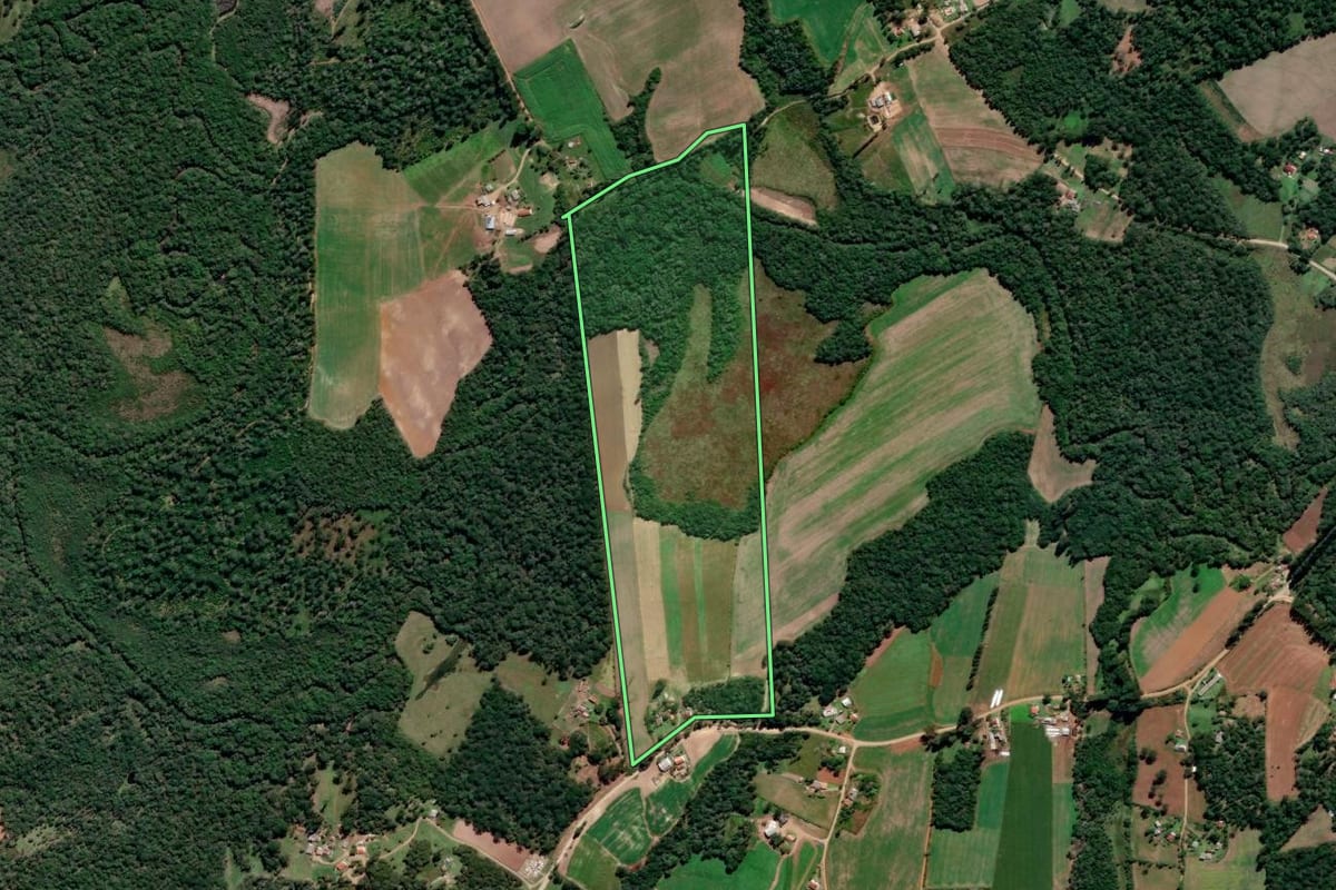 Imagem de satélite do imóvel rural em Prudentópolis (PR), com o contorno declarado no CAR desenhado por cima.