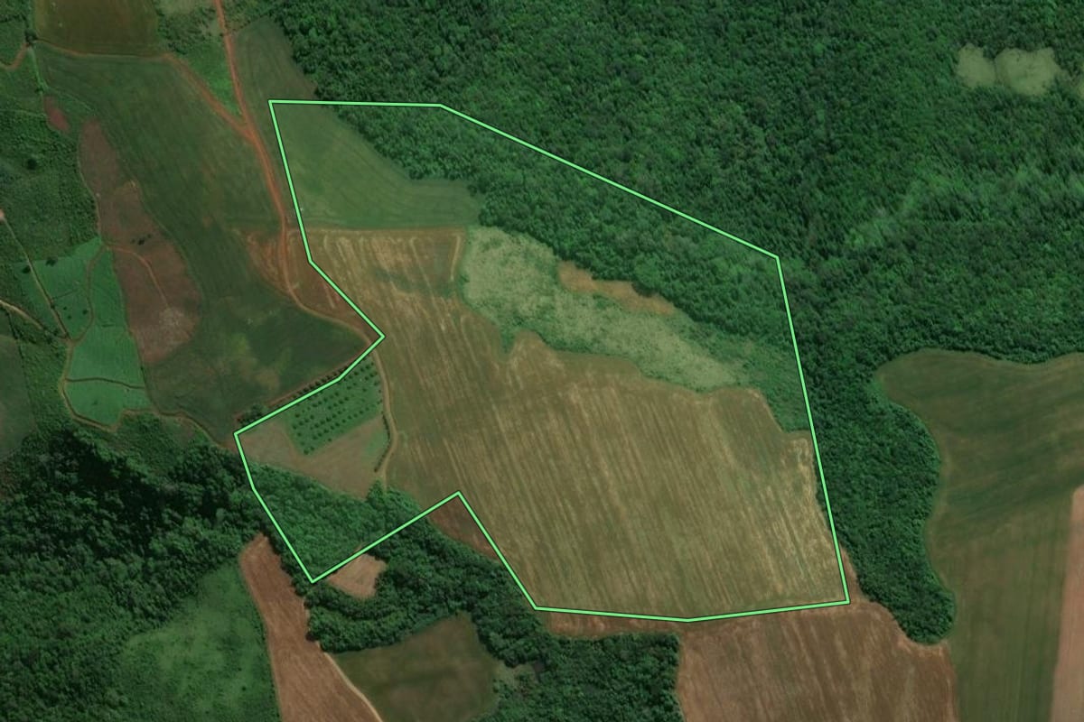 Imagem de satélite do imóvel rural em Prudentópolis (PR), com o contorno declarado no CAR desenhado por cima.