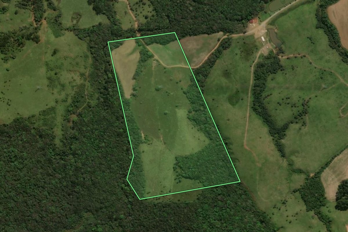 Imagem de satélite do imóvel rural em Prudentópolis (PR), com o contorno declarado no CAR desenhado por cima.
