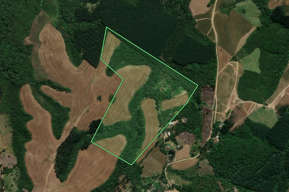 Imagem de satélite do imóvel rural em Prudentópolis (PR), com o contorno declarado no CAR desenhado por cima.