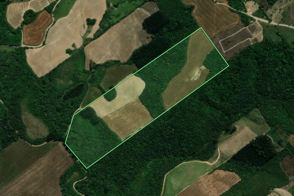 Imagem de satélite do imóvel rural em Prudentópolis (PR), com o contorno declarado no CAR desenhado por cima.