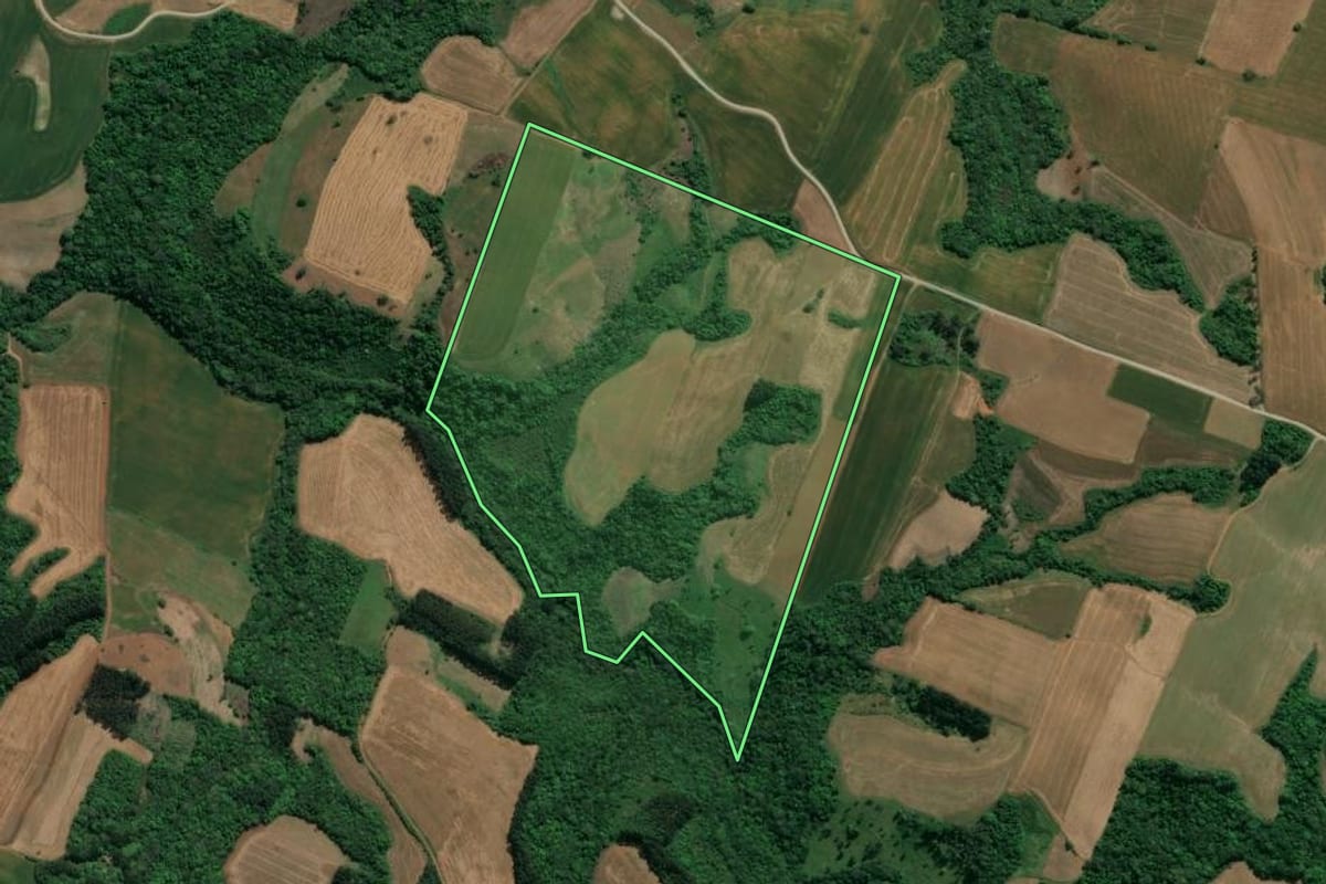 Imagem de satélite do imóvel rural em Prudentópolis (PR), com o contorno declarado no CAR desenhado por cima.