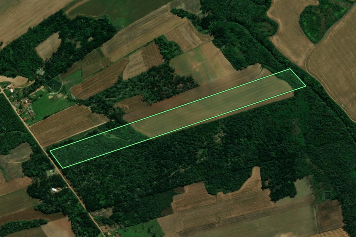 Imagem de satélite do imóvel rural em Prudentópolis (PR), com o contorno declarado no CAR desenhado por cima.