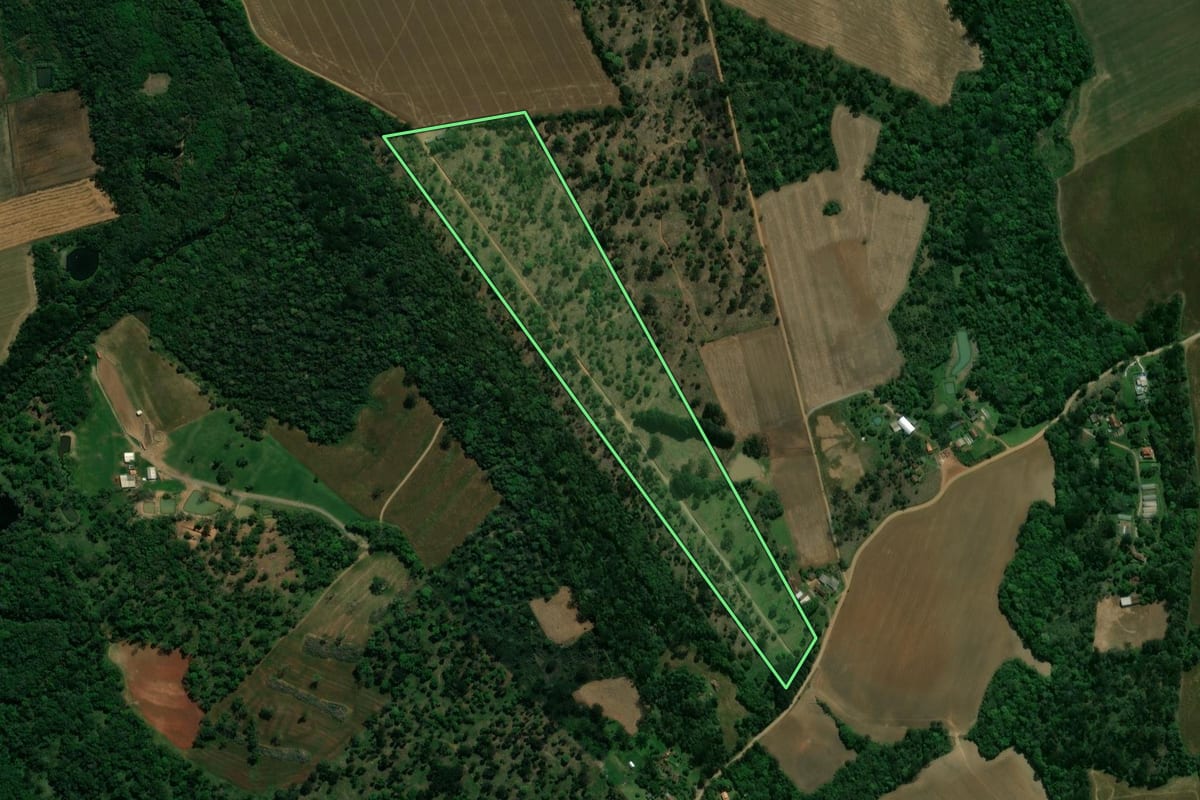 Imagem de satélite do imóvel rural em Prudentópolis (PR), com o contorno declarado no CAR desenhado por cima.
