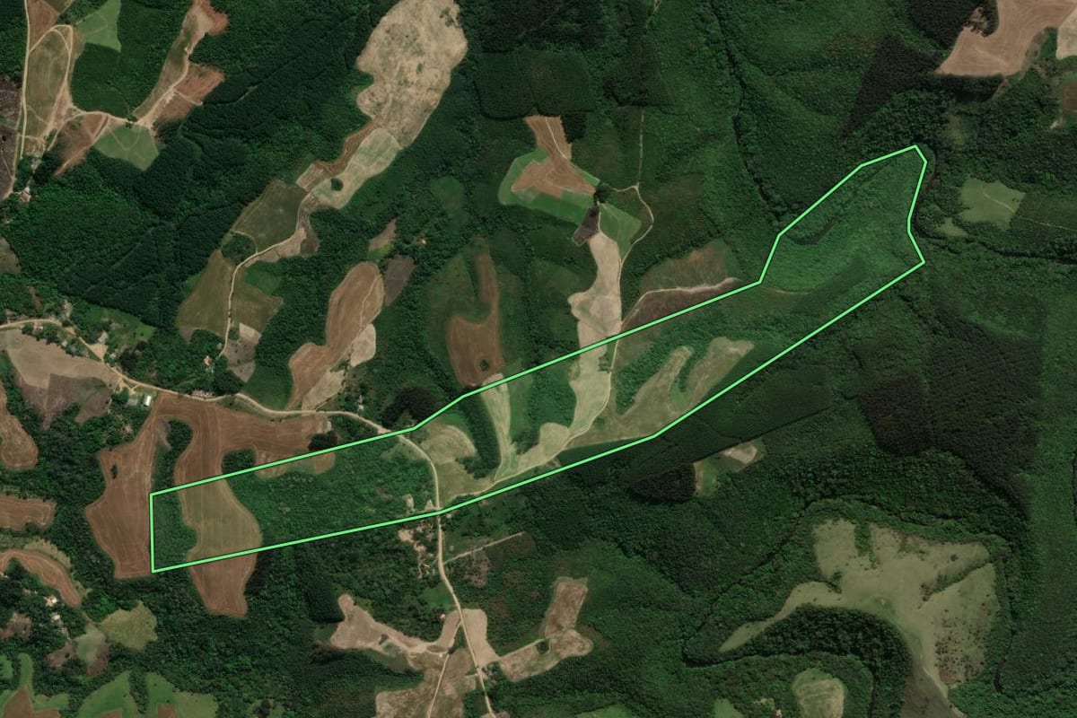 Imagem de satélite do imóvel rural em Prudentópolis (PR), com o contorno declarado no CAR desenhado por cima.