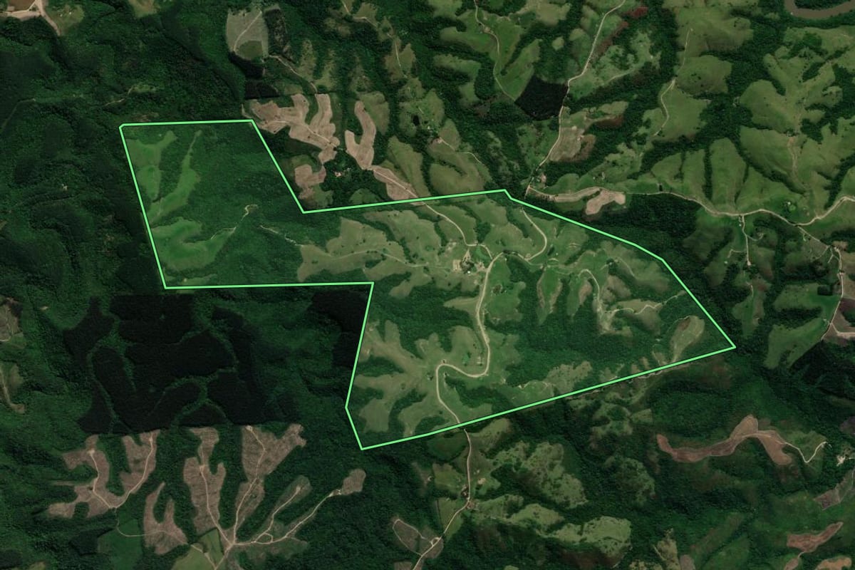 Imagem de satélite do imóvel rural em Prudentópolis (PR), com o contorno declarado no CAR desenhado por cima.