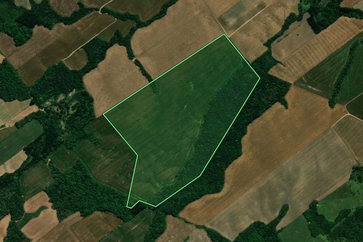 Imagem de satélite do imóvel rural em Prudentópolis (PR), com o contorno declarado no CAR desenhado por cima.
