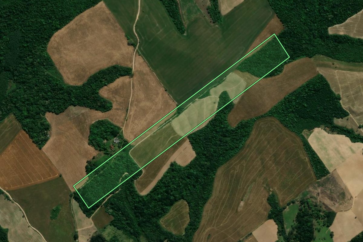 Imagem de satélite do imóvel rural em Prudentópolis (PR), com o contorno declarado no CAR desenhado por cima.