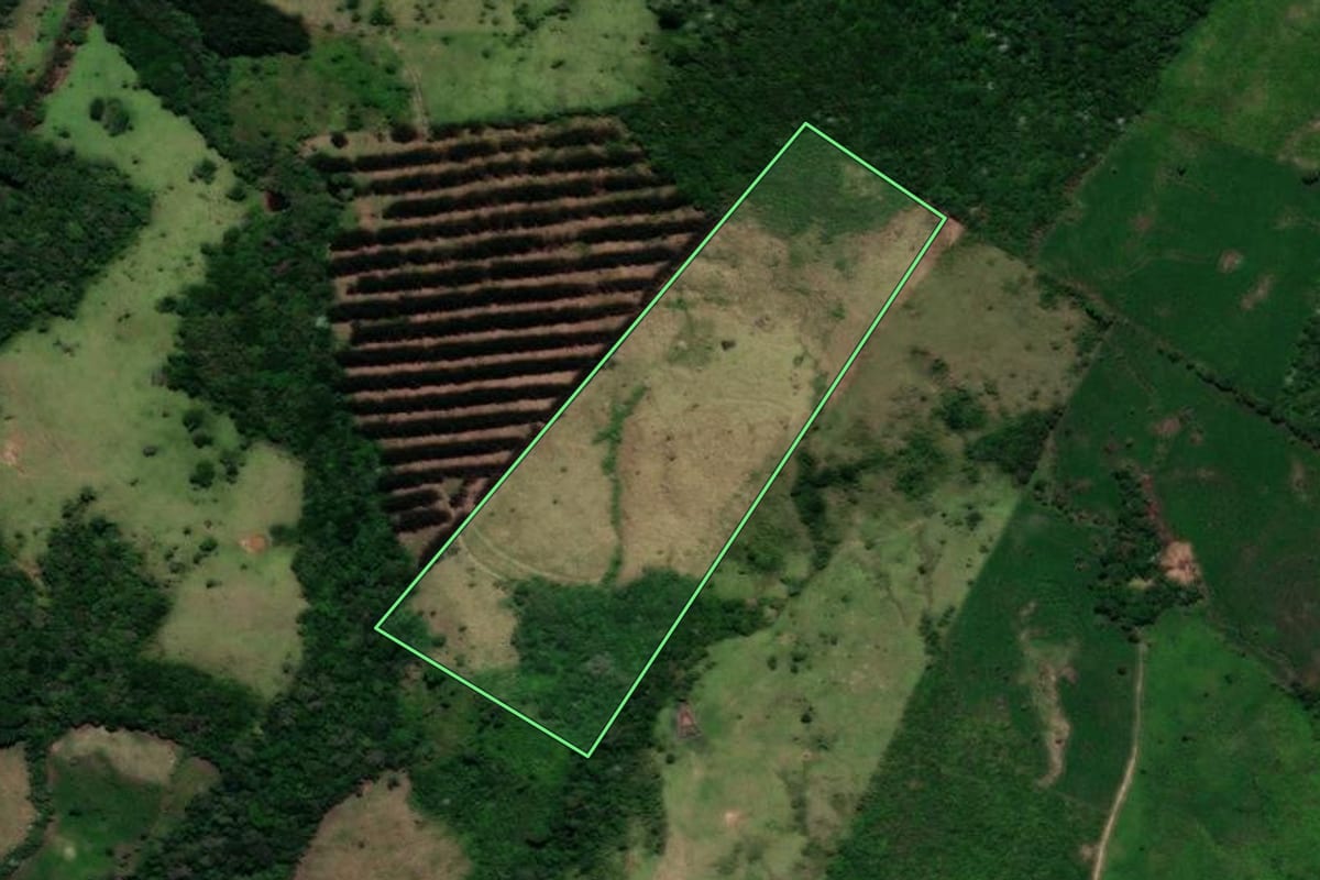 Imagem de satélite do imóvel rural em Prudentópolis (PR), com o contorno declarado no CAR desenhado por cima.