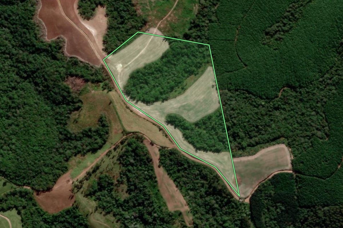 Imagem de satélite do imóvel rural em Prudentópolis (PR), com o contorno declarado no CAR desenhado por cima.