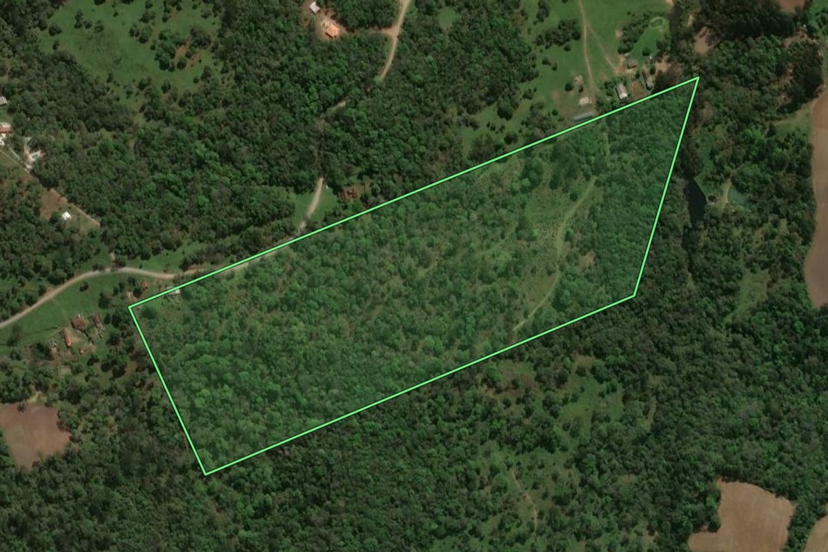 Imagem de satélite do imóvel rural em Prudentópolis (PR), com o contorno declarado no CAR desenhado por cima.