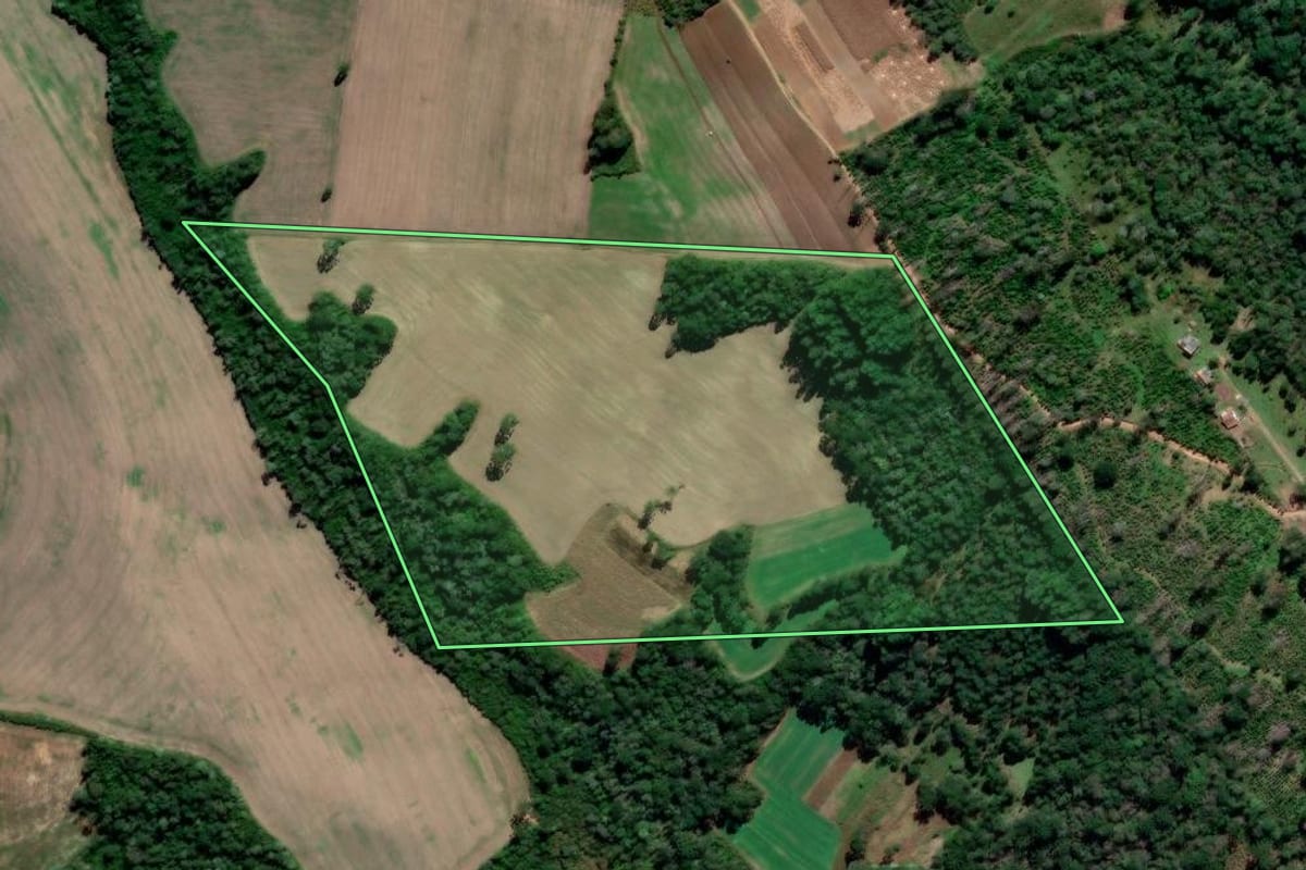 Imagem de satélite do imóvel rural em Prudentópolis (PR), com o contorno declarado no CAR desenhado por cima.