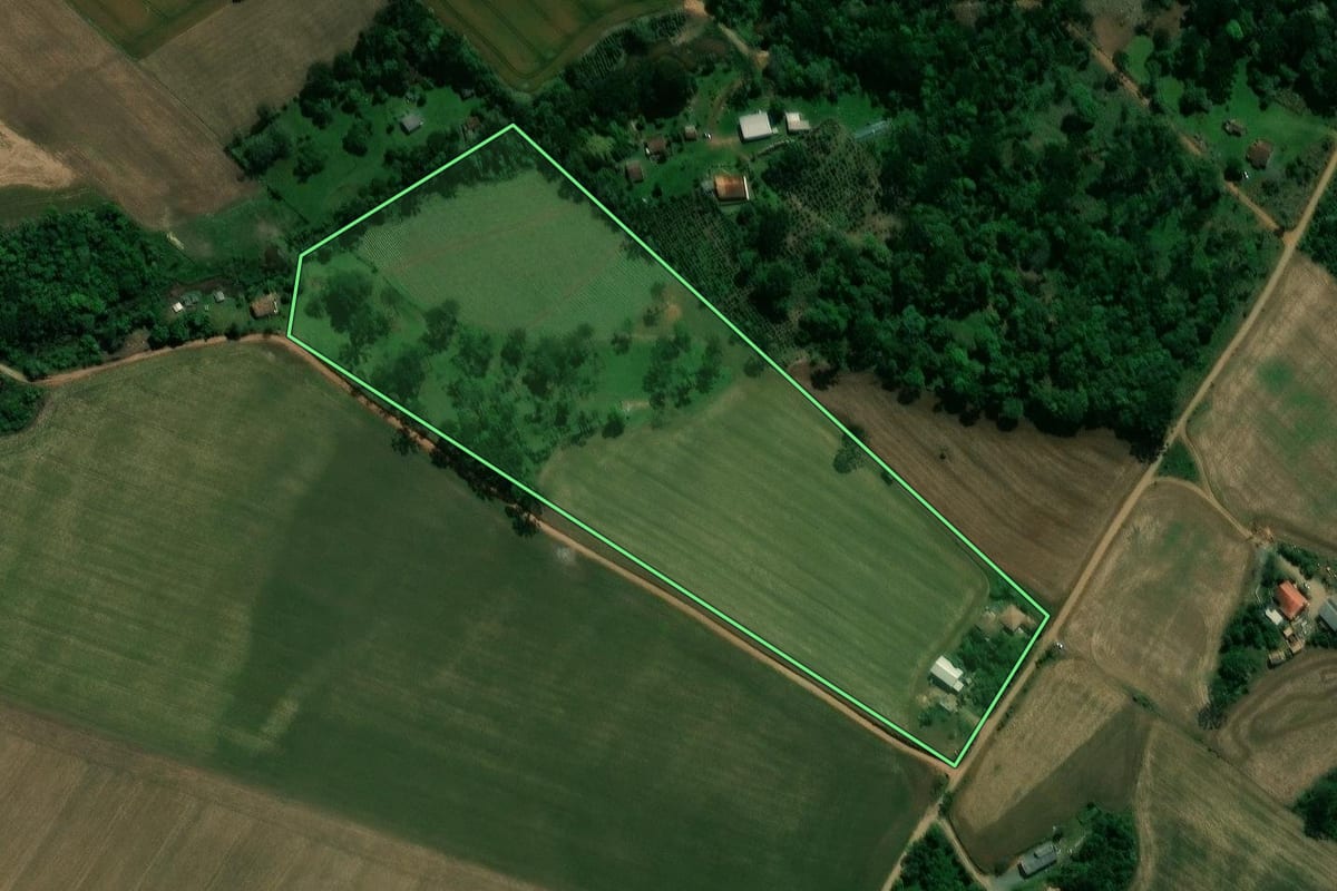 Imagem de satélite do imóvel rural em Prudentópolis (PR), com o contorno declarado no CAR desenhado por cima.
