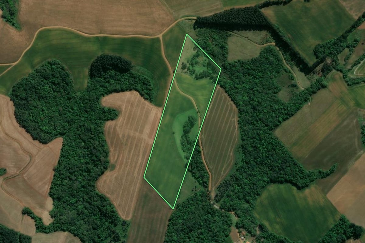 Imagem de satélite do imóvel rural em Prudentópolis (PR), com o contorno declarado no CAR desenhado por cima.