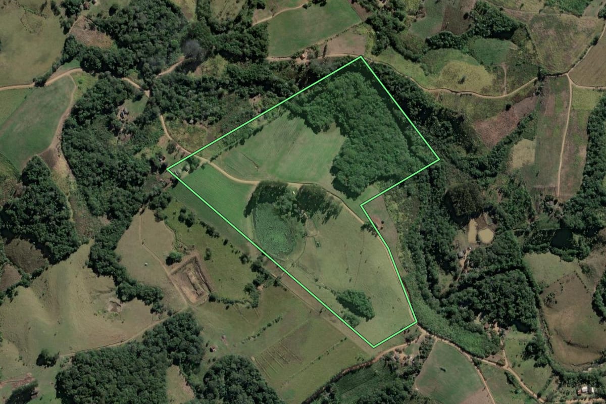 Imagem de satélite do imóvel rural em Prudentópolis (PR), com o contorno declarado no CAR desenhado por cima.