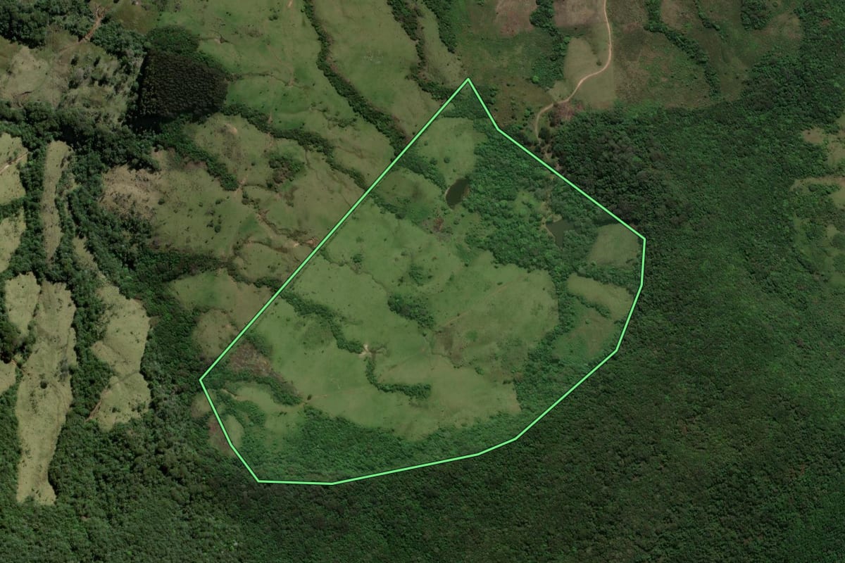 Imagem de satélite do imóvel rural em Prudentópolis (PR), com o contorno declarado no CAR desenhado por cima.