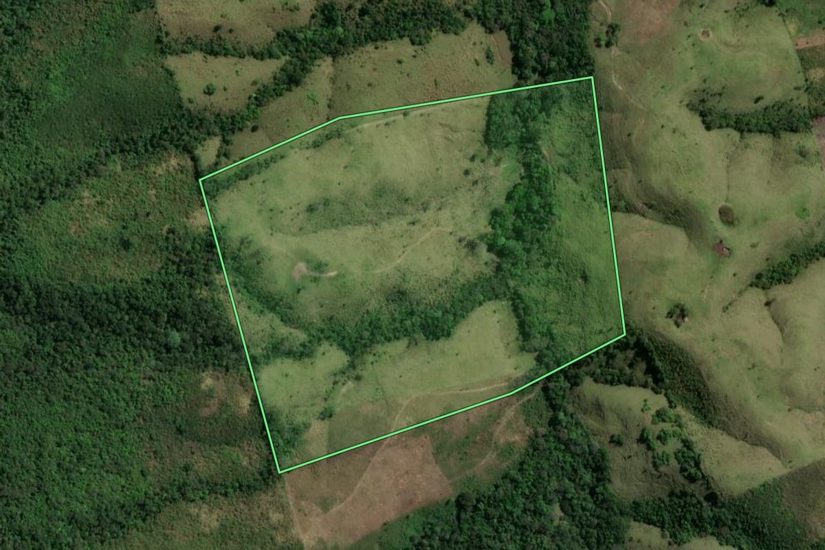 Imagem de satélite do imóvel rural em Prudentópolis (PR), com o contorno declarado no CAR desenhado por cima.