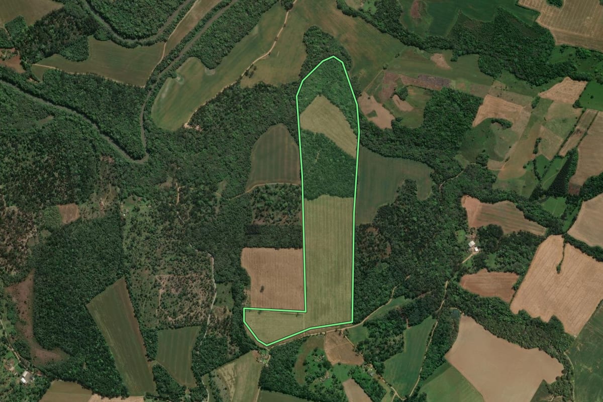 Imagem de satélite do imóvel rural em Prudentópolis (PR), com o contorno declarado no CAR desenhado por cima.