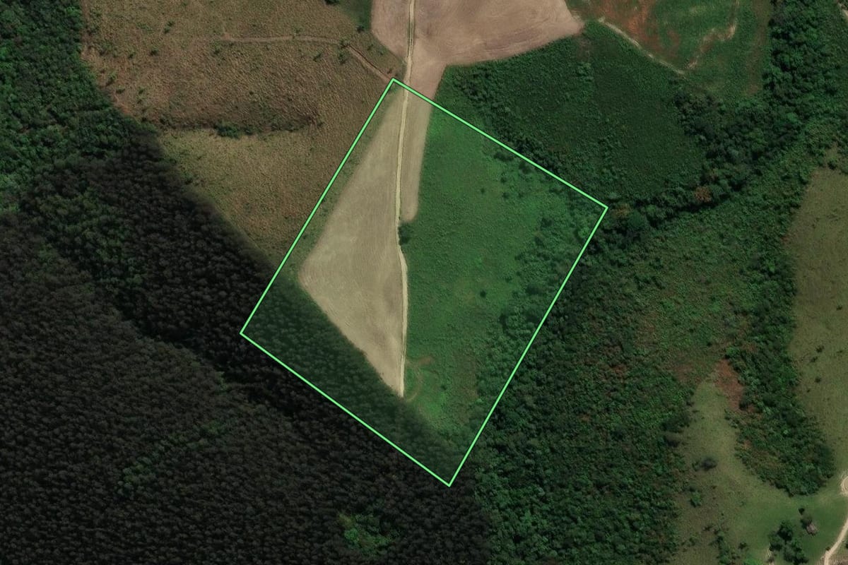 Imagem de satélite do imóvel rural em Prudentópolis (PR), com o contorno declarado no CAR desenhado por cima.