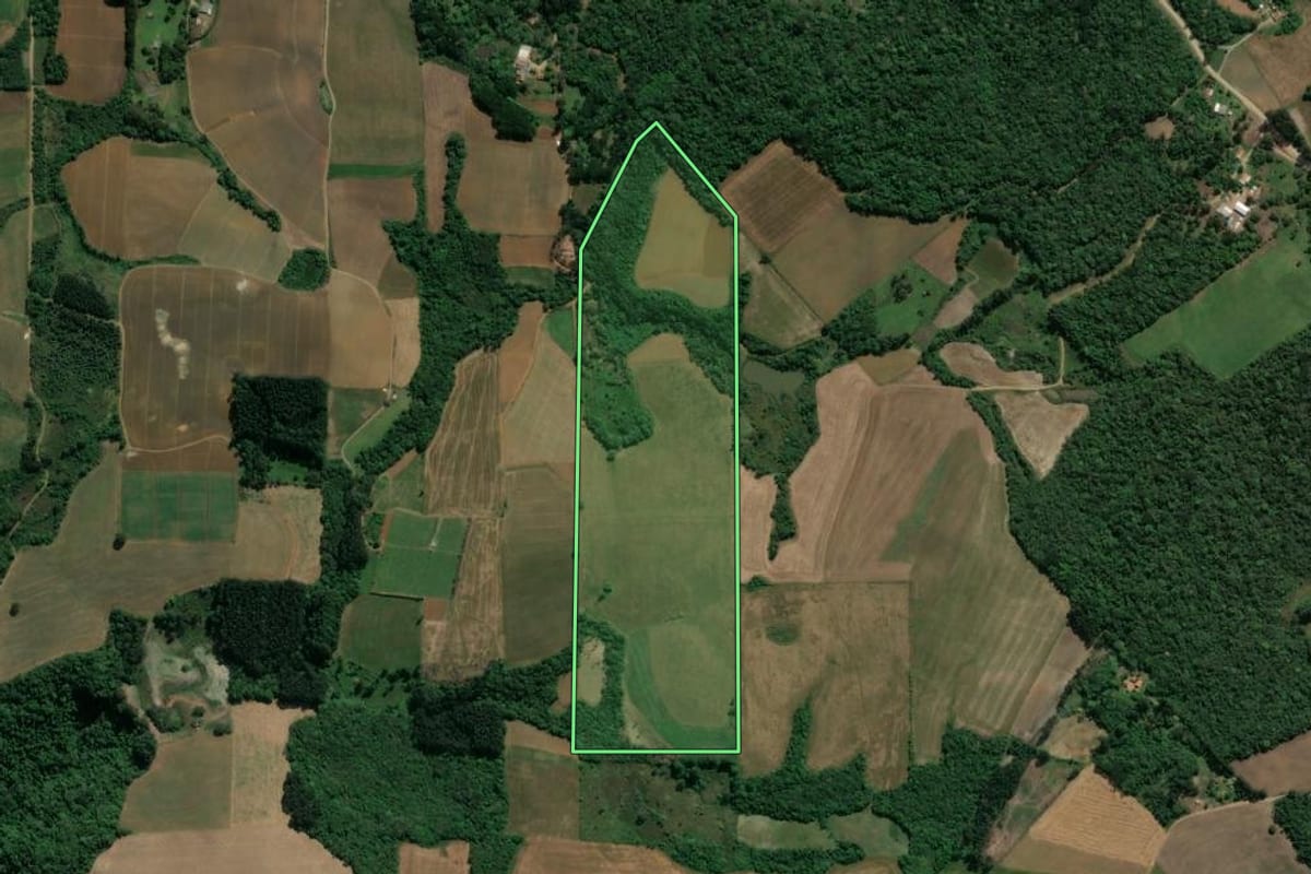 Imagem de satélite do imóvel rural em Prudentópolis (PR), com o contorno declarado no CAR desenhado por cima.