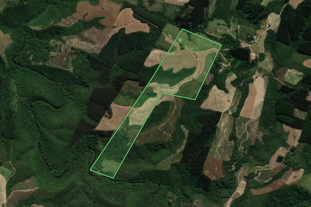 Imagem de satélite do imóvel rural em Prudentópolis (PR), com o contorno declarado no CAR desenhado por cima.