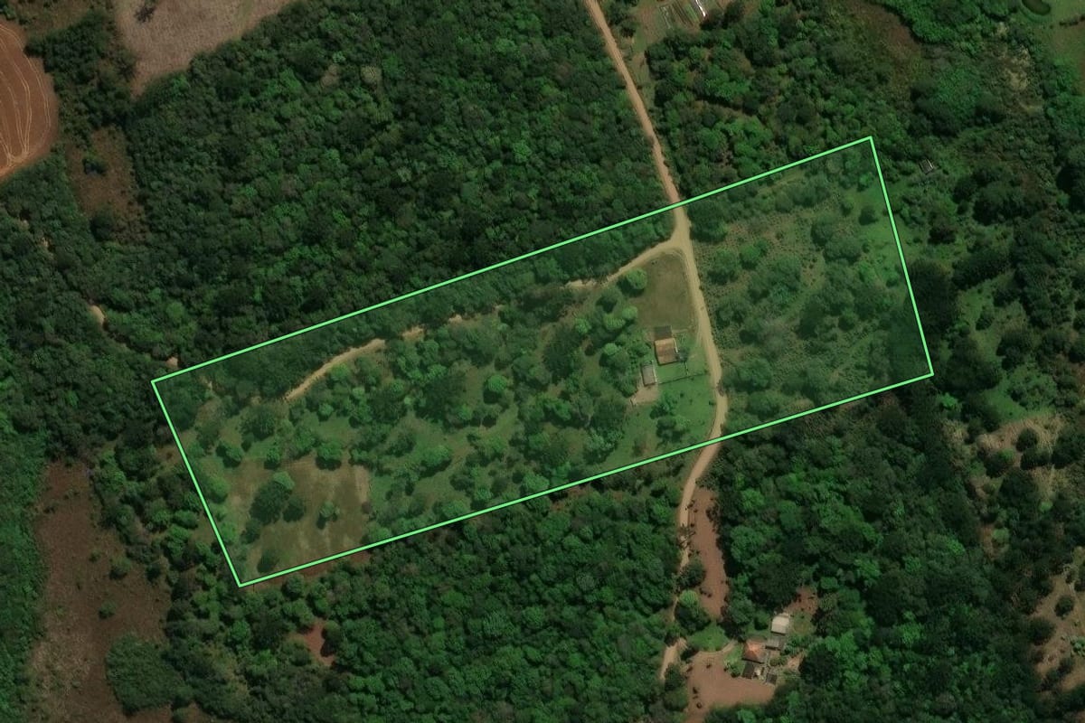 Imagem de satélite do imóvel rural em Prudentópolis (PR), com o contorno declarado no CAR desenhado por cima.
