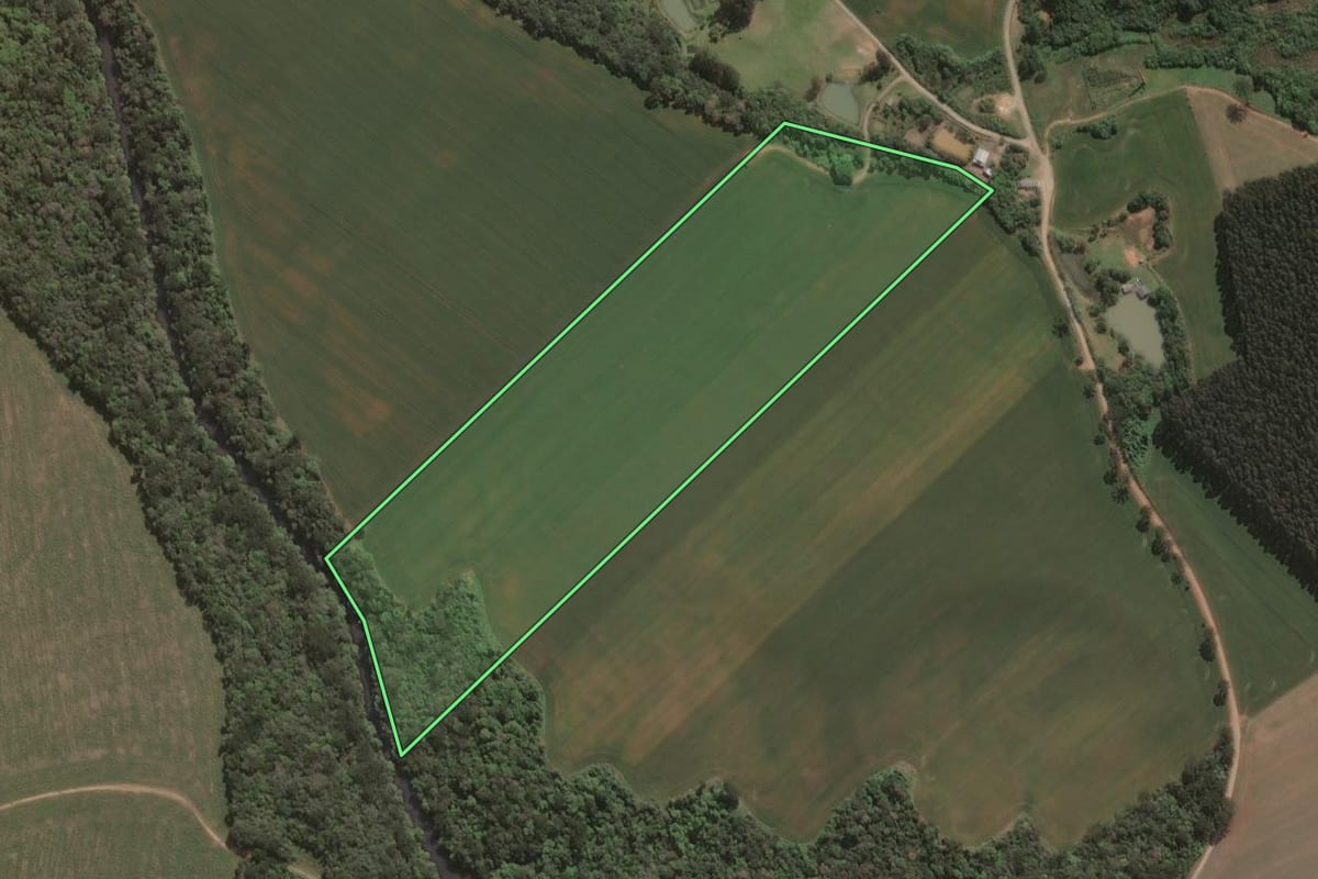 Imagem de satélite do imóvel rural em Prudentópolis (PR), com o contorno declarado no CAR desenhado por cima.