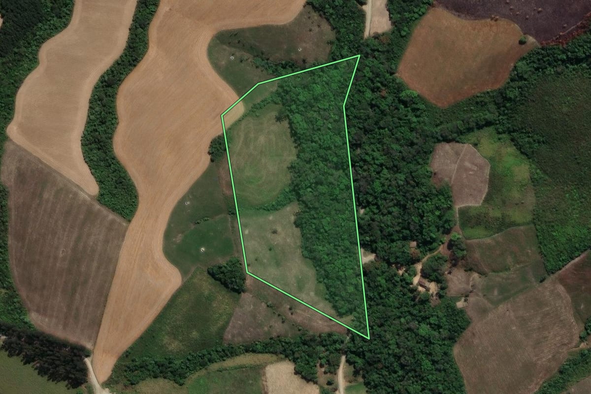Imagem de satélite do imóvel rural em Prudentópolis (PR), com o contorno declarado no CAR desenhado por cima.