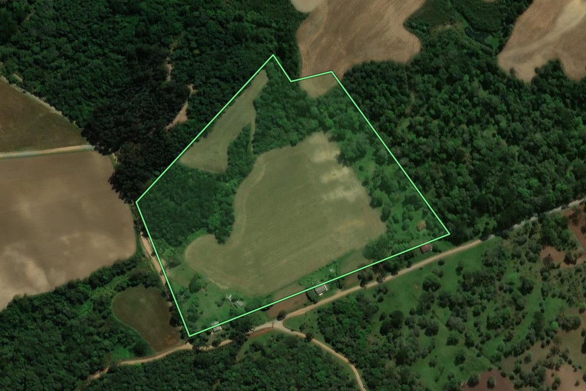 Imagem de satélite do imóvel rural em Prudentópolis (PR), com o contorno declarado no CAR desenhado por cima.