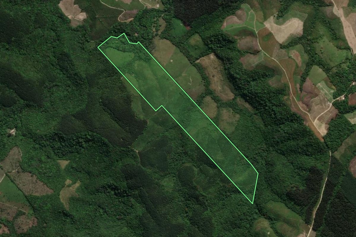 Imagem de satélite do imóvel rural em Prudentópolis (PR), com o contorno declarado no CAR desenhado por cima.