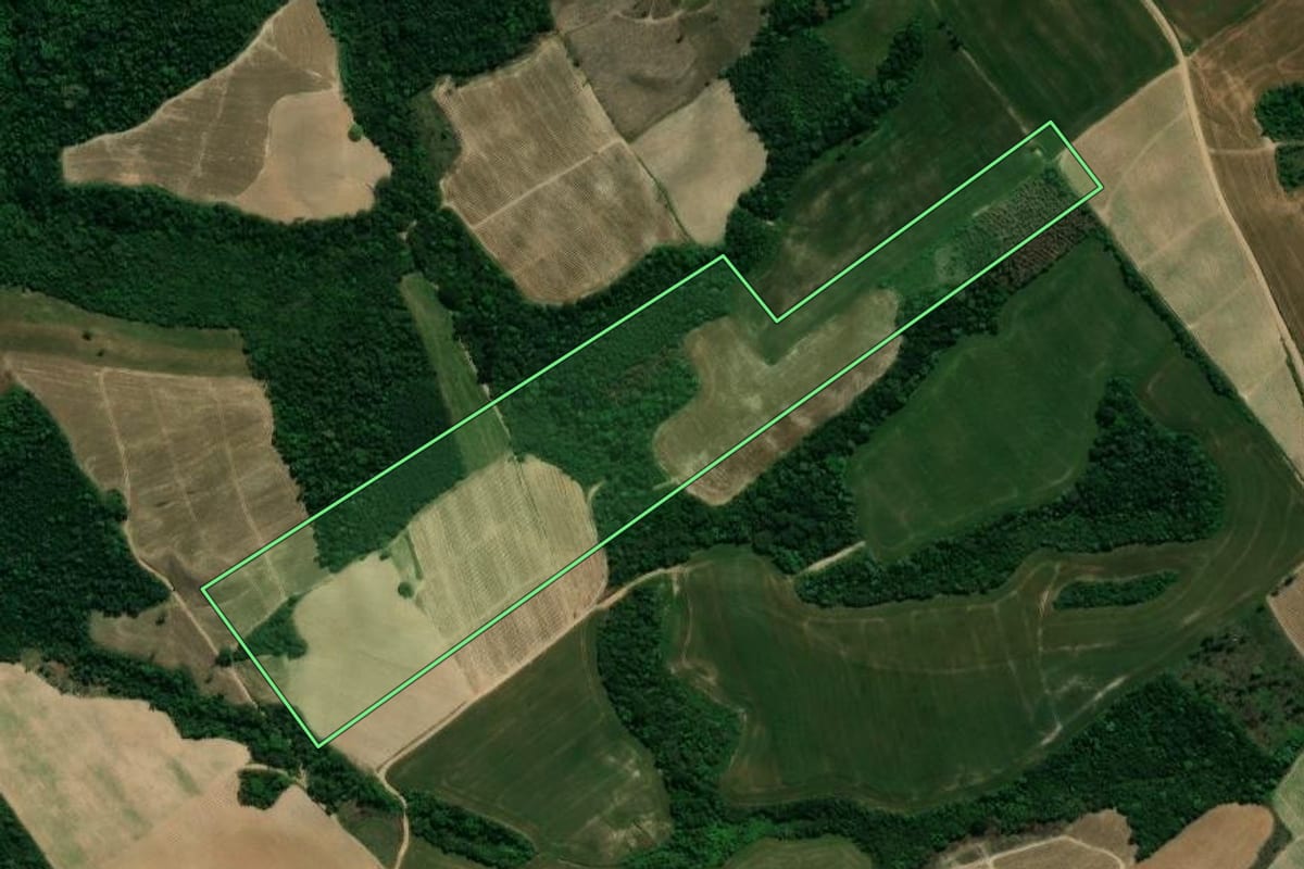 Imagem de satélite do imóvel rural em Prudentópolis (PR), com o contorno declarado no CAR desenhado por cima.