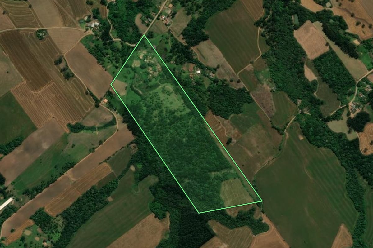 Imagem de satélite do imóvel rural em Prudentópolis (PR), com o contorno declarado no CAR desenhado por cima.