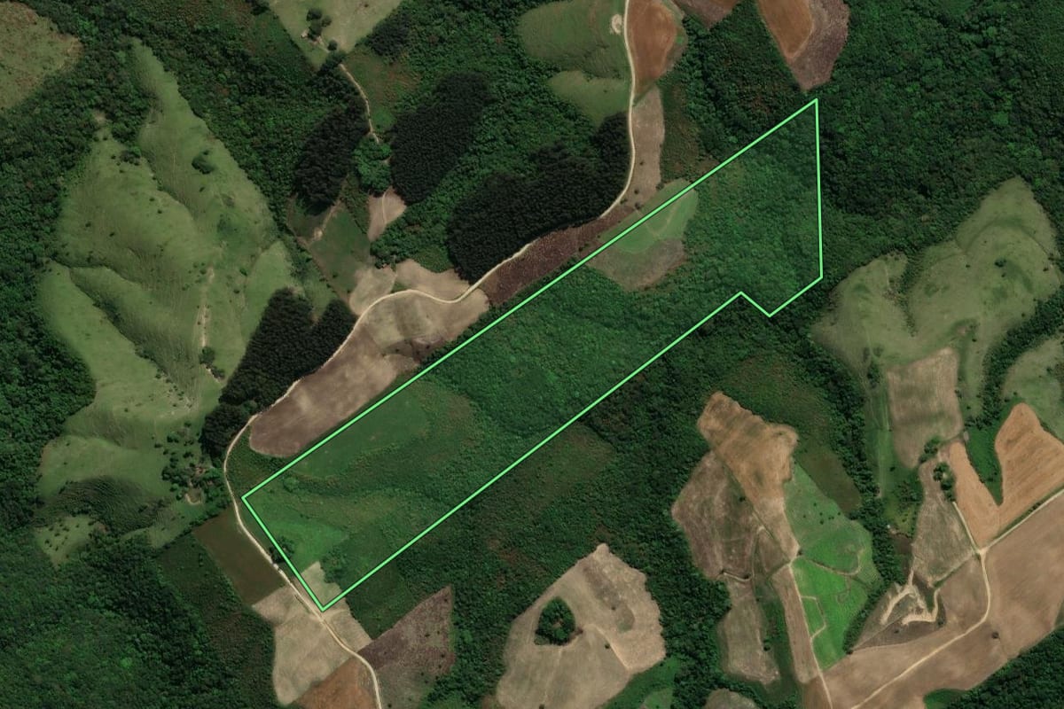 Imagem de satélite do imóvel rural em Prudentópolis (PR), com o contorno declarado no CAR desenhado por cima.