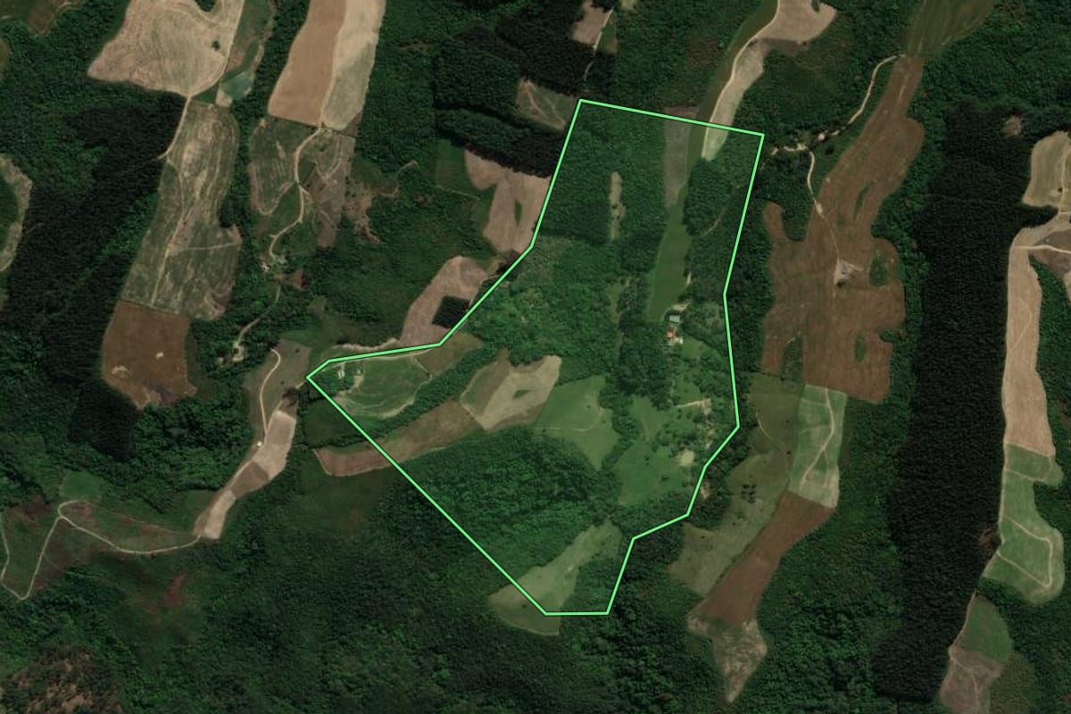 Imagem de satélite do imóvel rural em Prudentópolis (PR), com o contorno declarado no CAR desenhado por cima.