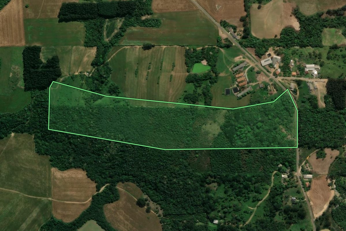 Imagem de satélite do imóvel rural em Prudentópolis (PR), com o contorno declarado no CAR desenhado por cima.